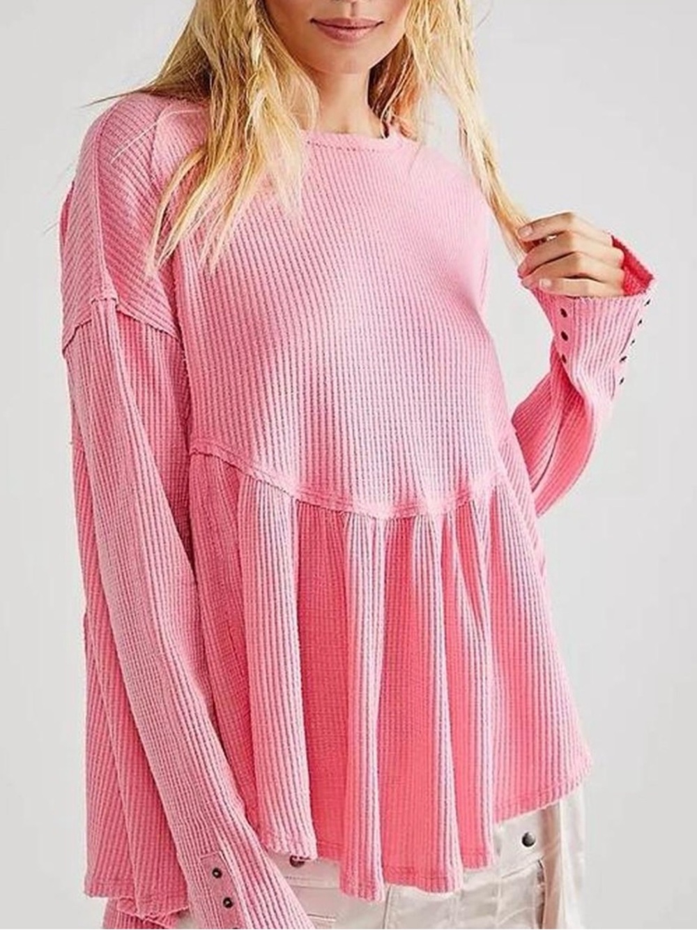 We The Free Pink Waffle-Knit Babydoll Pullover